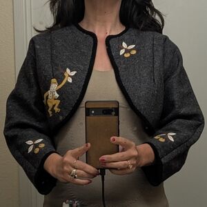 Vintage Gray Wool Embroidered Bolero Blazer Jacket With Monkey Cherries Fruit